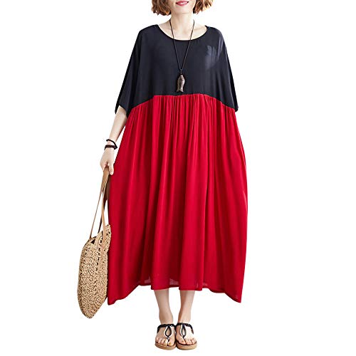 Versear Damen Vintage Casual Maxikleid Baumwolle Leinen Gespleißt O-Ausschnitt Kurzarm Roben mit Taschen von Versear