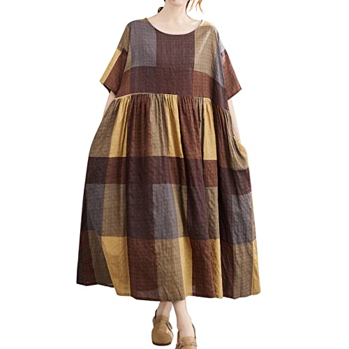 Versear Kariertes Sommer Maxikleid Boho Plaid Kaftan Karo Oversize Langes Freizeitkleid mit Taschen von Versear