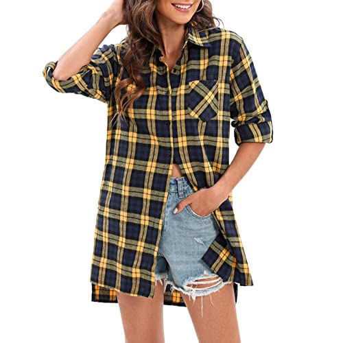 Versear Oversized Plaid Tartan Button Down Hemd Kariert Verstellbarer Ärmel Roll Up Langarm Shirt Loose Karierte Hemdbluse mit Tasche Gelb, XXL von Versear