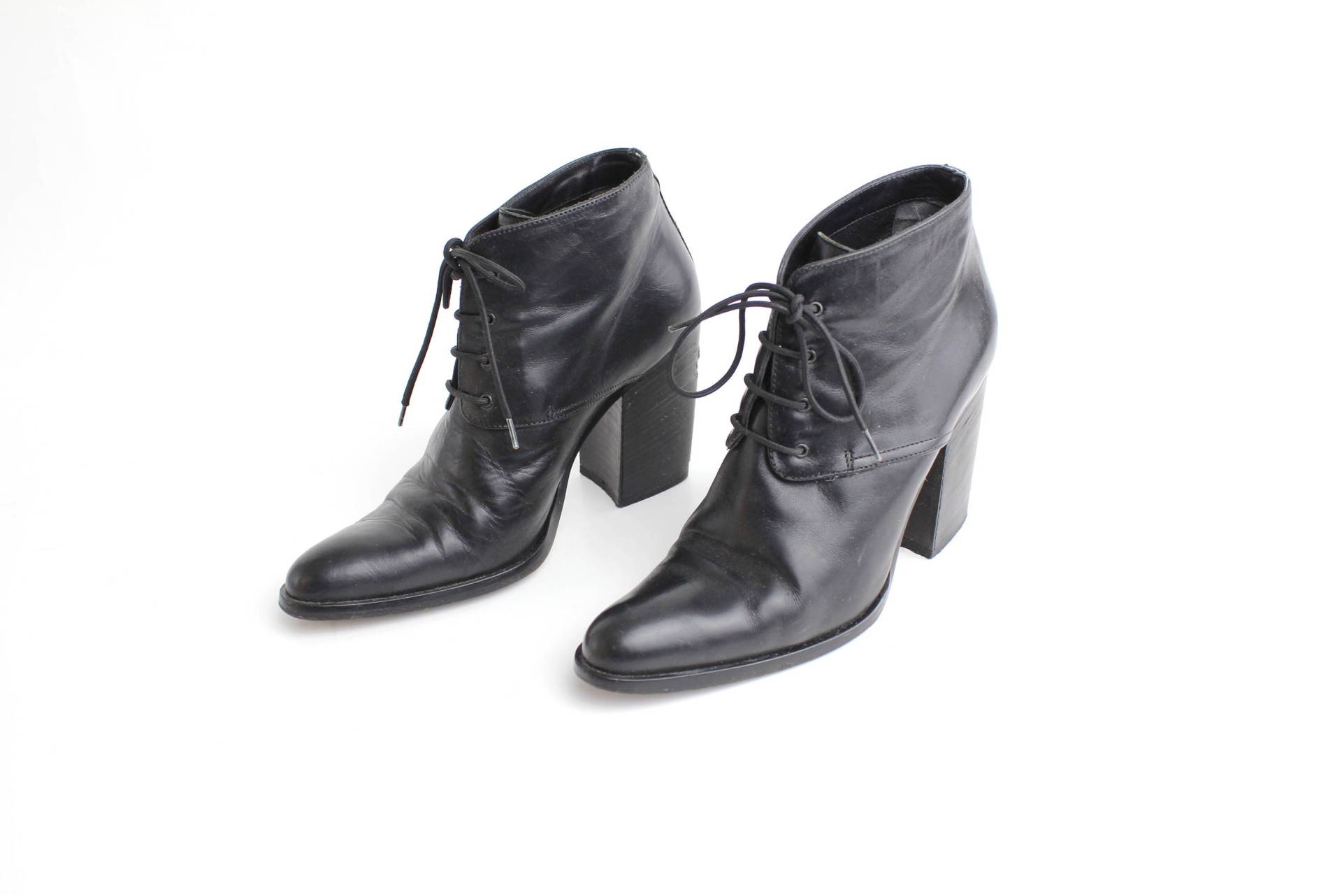Sz 6-6.5 Vintage Joan & David Schwarze Leder Stiefeletten | Spitze Toe Chunky Heel Schnürschuhe Handgefertigt in Italien |37 von VerseauVintage