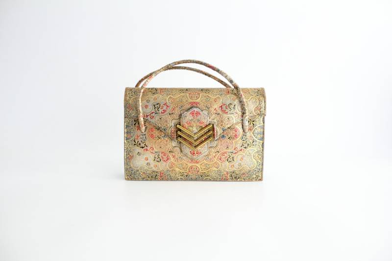 Vintage 1950Er Jahre Leder Handtasche | Vergoldete Lederhandtasche Mit Damast-Inspiriertem Design Und Passender Geldbörse Abendtasche Aus Bedrucktem von VerseauVintage