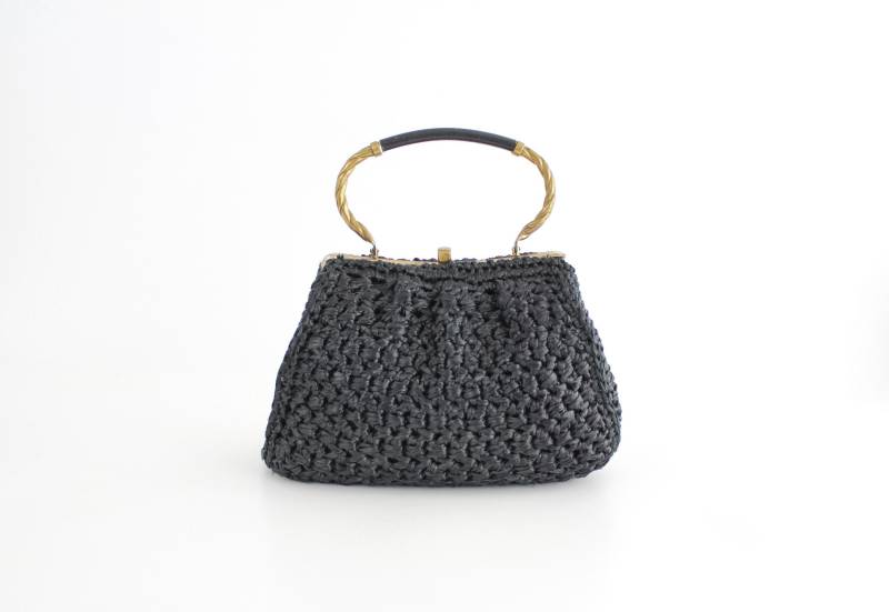 Vintage 1960Er Jahre Gehäkelte Stroh Handtasche | Morris Moskowitz Schwarze Strohtasche Große Mit Messing Und Leder Griff von VerseauVintage