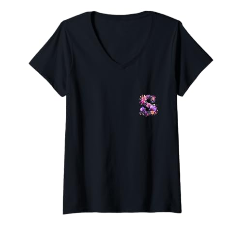 Damen Blumen Buchstabe S Initialen Floral Rosa Lila T-Shirt mit V-Ausschnitt Damen Blumen Buchstabe S Initialen Floral Rosa Lila T-Shirt mit V-Ausschnitt von Verspielt Blumig Schön