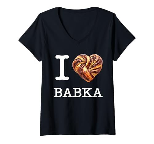 Damen Für Babka-Liebhaber: I Love Babka in weißer Schrift T-Shirt mit V-Ausschnitt von Verspielte Babka-Designs für Dessert-Fans
