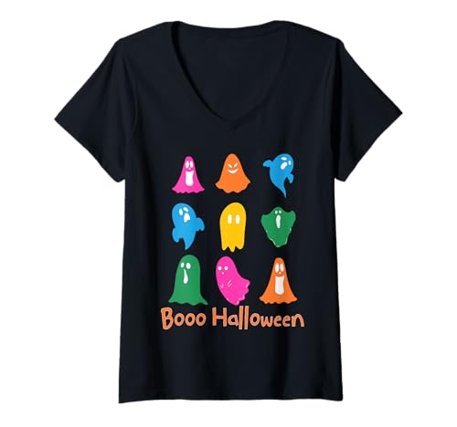 Damen Buh Halloween Bunte Geister Lustig und Niedlich T-Shirt mit V-Ausschnitt Damen Buh Halloween Bunte Geister Lustig und Niedlich T-Shirt mit V-Ausschnitt von Verspielte Cartoon-Geister für Halloween-Fans