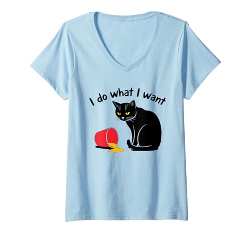 Damen Cat with Spilled Paint Minimalistische Silhouette Lustige T-Shirt mit V-Ausschnitt Damen Cat with Spilled Paint Minimalistische Silhouette Lustige T-Shirt mit V-Ausschnitt von Verspielte Cartoon Kunst Gelbe Augen Humor Katze