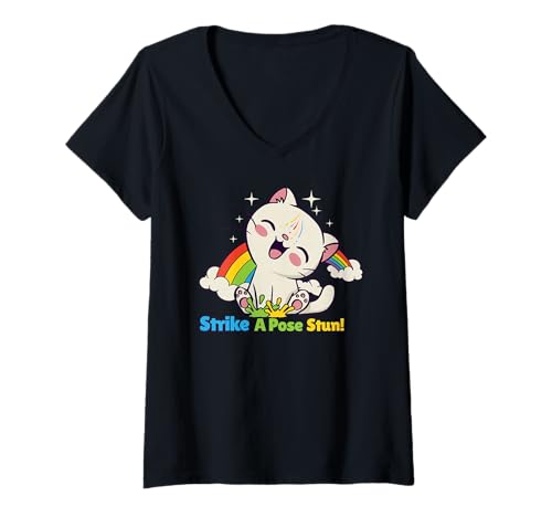 Damen Posiere mit Regenbogenkatze voller Freude T-Shirt mit V-Ausschnitt Damen Posiere mit Regenbogenkatze voller Freude T-Shirt mit V-Ausschnitt von Verspielte Katze Farbspaß Fans