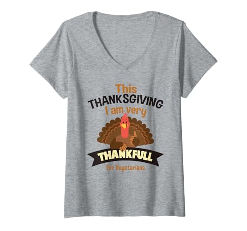 Damen Dieses Thanksgiving Ich Bin Vegetarier sehr dankbar T-Shirt mit V-Ausschnitt von Verspielter Truthahntrab