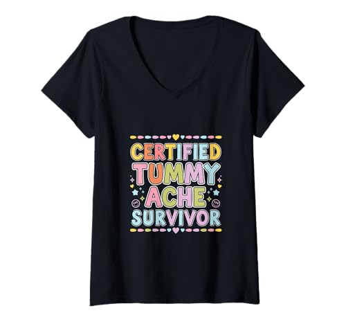 Damen Certified Tummy Ache Survivor Verdauungswellness - T-Shirt mit V-Ausschnitt von Verspieltes Bauchschmerz Wellness