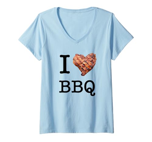 Damen Für echte Steak-Liebhaber: I Love BBQ schwarzer Text T-Shirt mit V-Ausschnitt von Verspieltes Steak-Design für BBQ-Fans