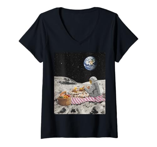 Damen Astronautenpicknick auf dem Mond mit Blick auf die Erde T-Shirt mit V-Ausschnitt Damen Astronautenpicknick auf dem Mond mit Blick auf die Erde T-Shirt mit V-Ausschnitt von Verspieltes Weltraumdesign