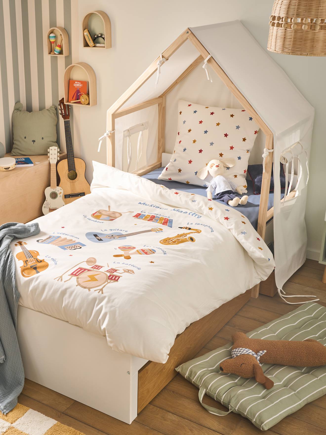 2-in-1 Hausbett mit abnehmbarer Stoffzelt und 2 Bettschubladen für Kinder von Vertbaudet
