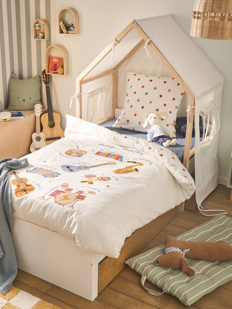 2-in-1 Hausbett mit abnehmbarer Stoffzelt und 2 Bettschubladen für Kinder von Vertbaudet
