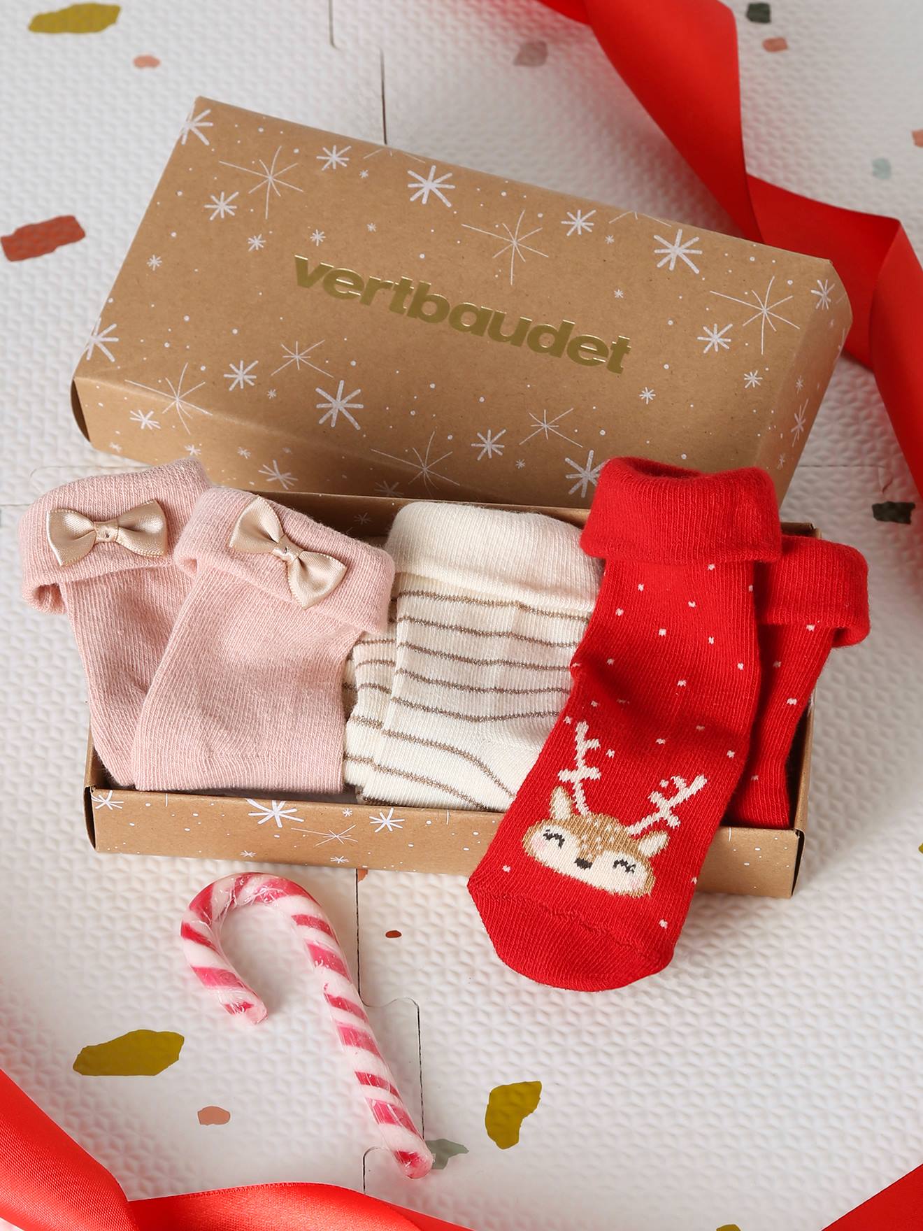3er-Pack Baby Weihnachts-Socken im Geschenkkarton pudrig von Vertbaudet