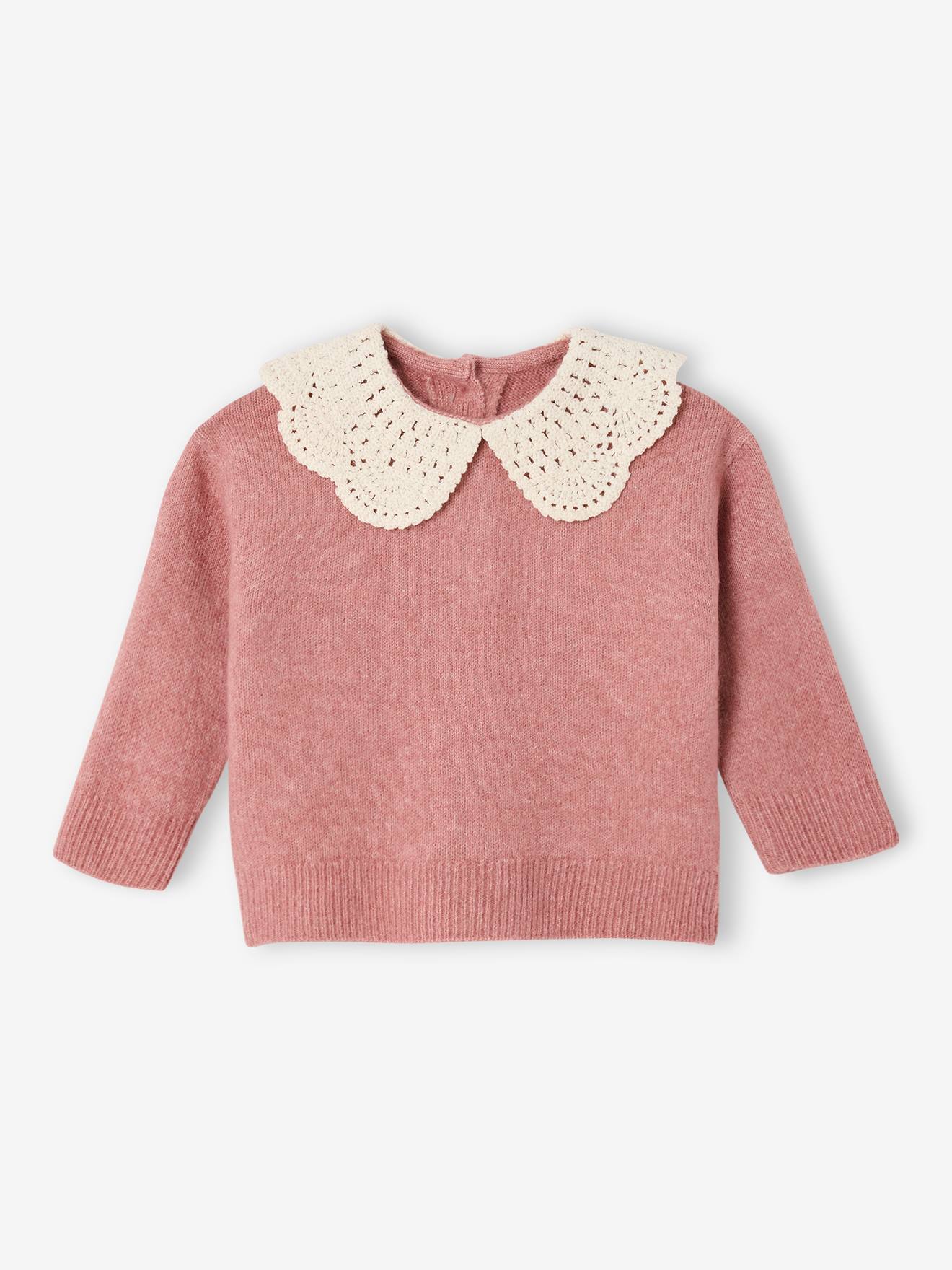 Baby Pullover aus Strick mit Häkelkragen pudrig von Vertbaudet