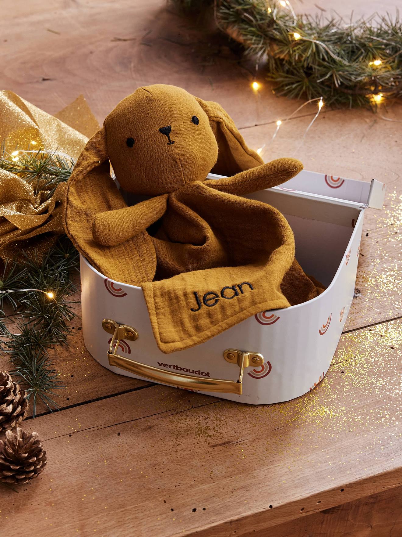 Baby Schmusetuch aus Baumwollmusselin mit Köfferchen ocker von Vertbaudet