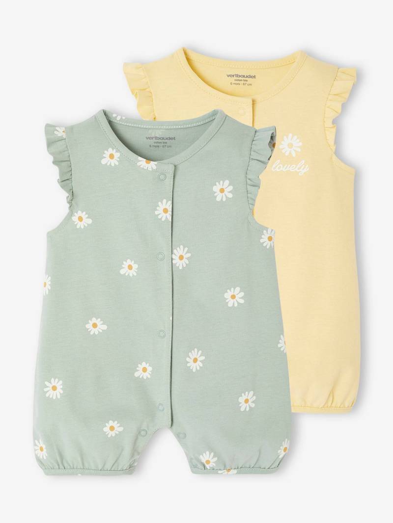 Bio-Kollektion: 2er-Pack kurze Baby Strampler mit Blumen salbei von Vertbaudet