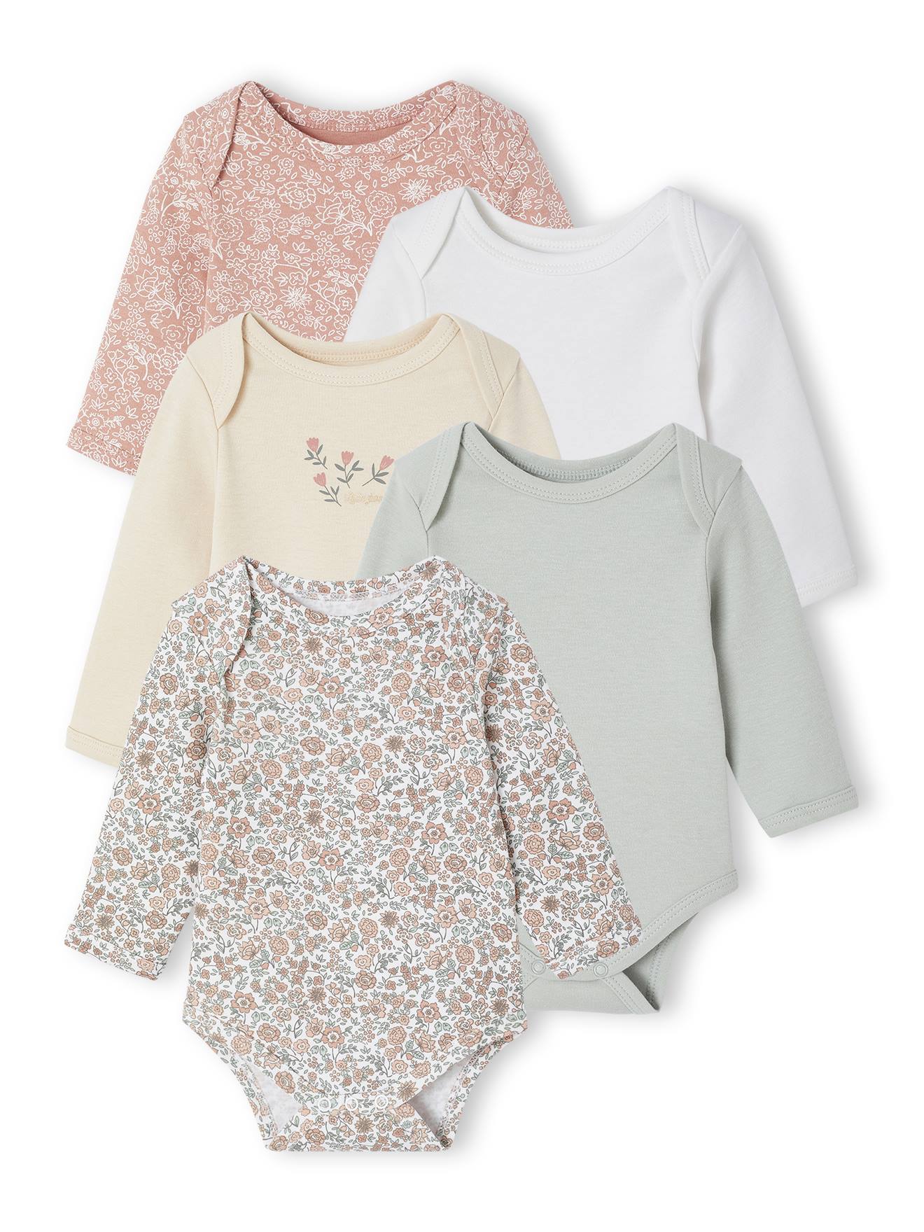 Bio-Kollektion: 5er-Pack Baby Schlupfbodys mit Blumen salbei von Vertbaudet
