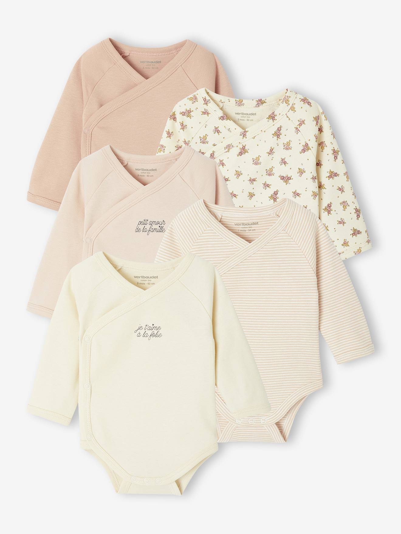 Bio-Kollektion: 5er-Pack Baby Wickelbodys mit langen Ärmeln hell von Vertbaudet