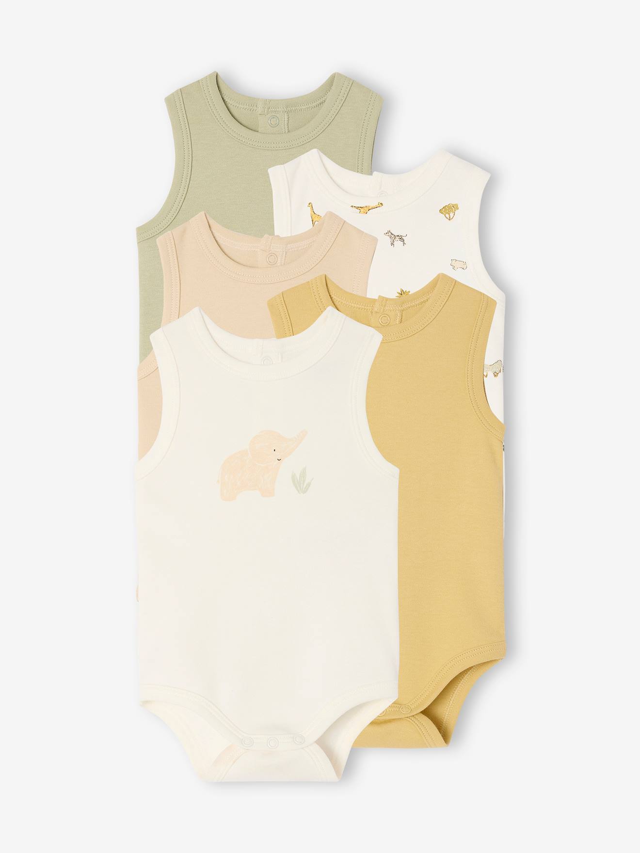 Bio-Kollektion: 5er-Pack ärmellose Baby Bodys mit Tiermotiven salbei Bio-Kollektion: 5er-Pack ärmellose Baby Bodys mit Tiermotiven salbei von Vertbaudet