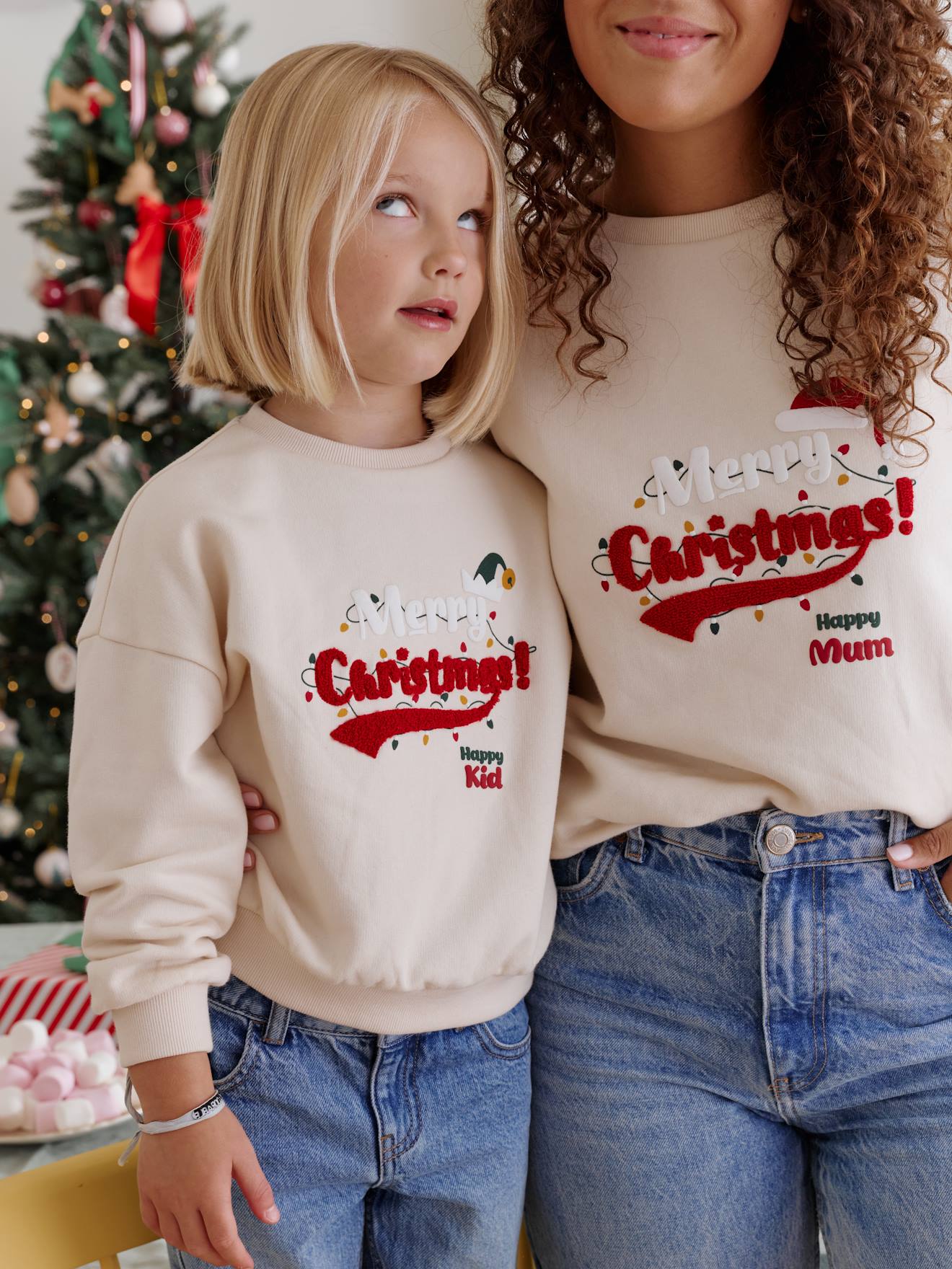 Kinder Sweatshirt HAPPY KID Familien-Capsule für Weihnachten vanille von Vertbaudet