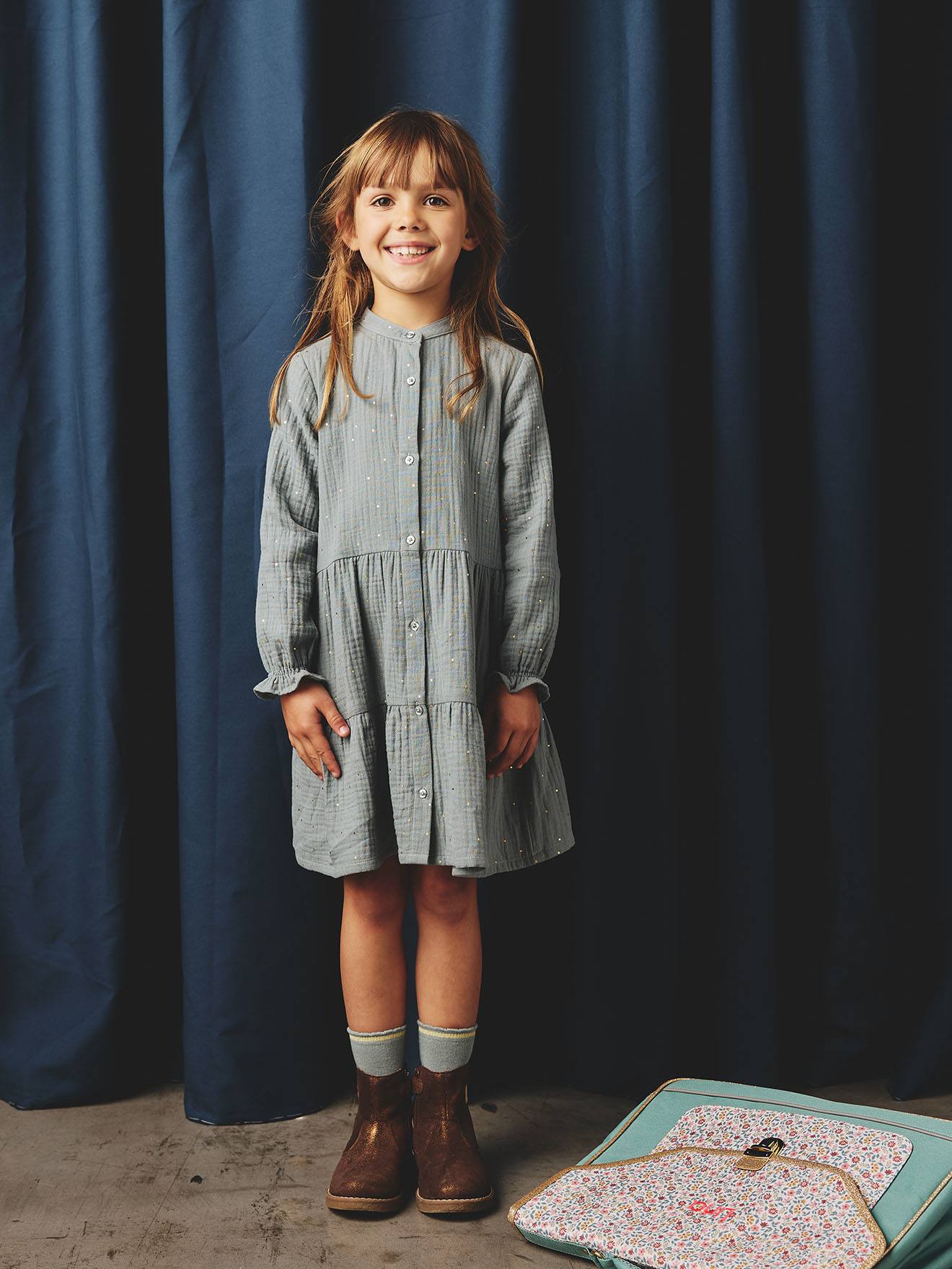 Mädchen Musselinkleid mit enen Tupfen salbei von Vertbaudet