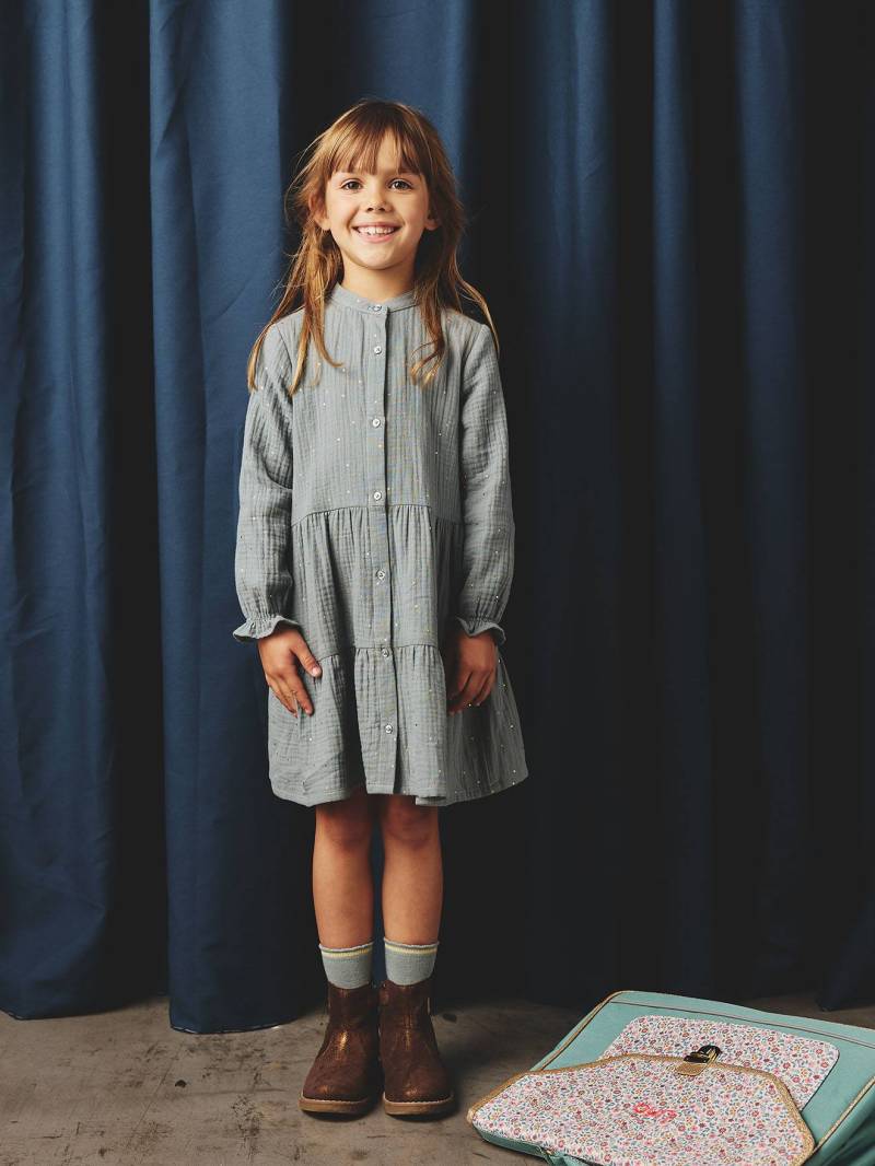 Mädchen Musselinkleid mit enen Tupfen salbei von Vertbaudet