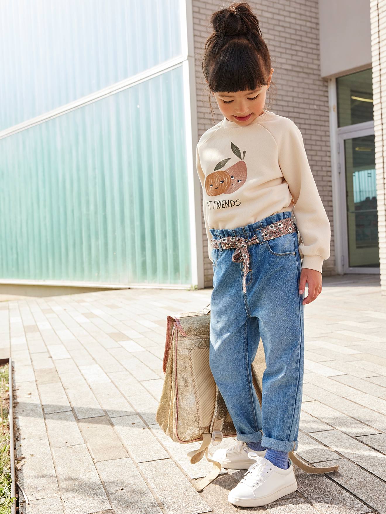 Mädchen Paperbag-Jeans mit Blumen-Gürtel von Vertbaudet