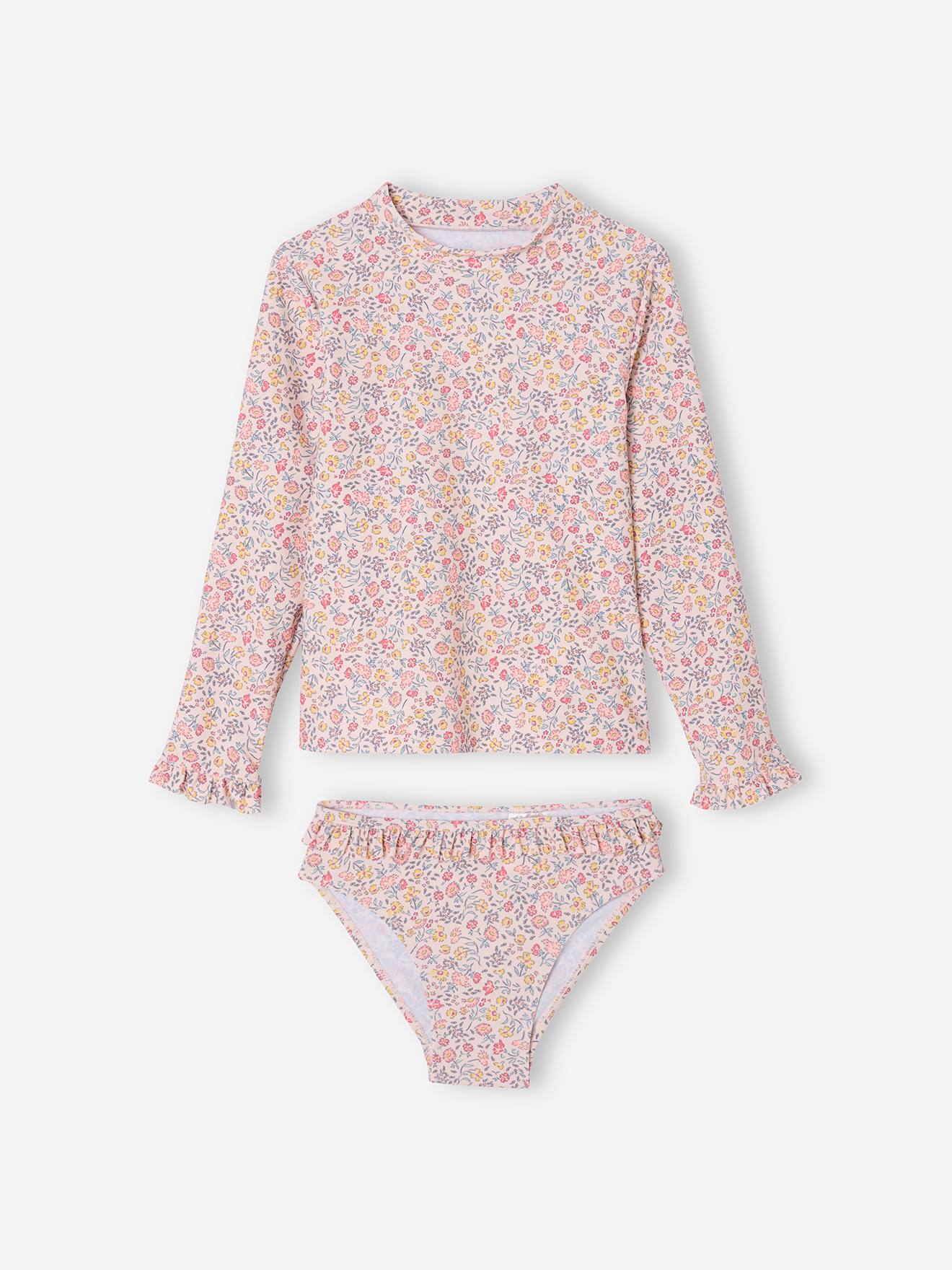 Mädchen-Set mit UV-Schutz: Badeshirt & Bikinihose mit Rüschen hell von Vertbaudet