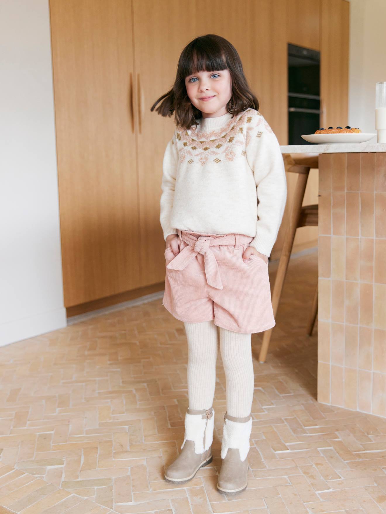 Mädchen Shorts aus Samt im Paperbag-Stil pudrig von Vertbaudet