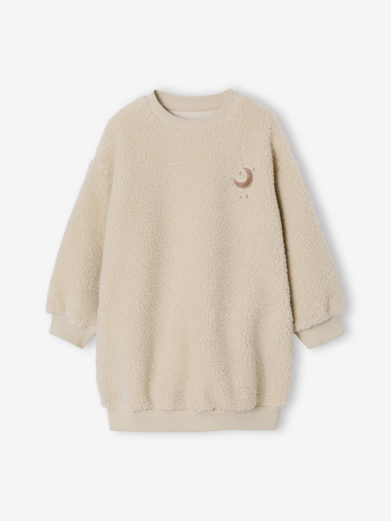 Mädchenkleid aus Teddyfleece mit besticktem Mondmotiv vanille von Vertbaudet