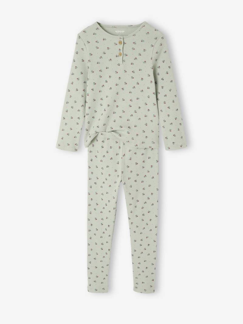 Gerippter Mädchen Schlafanzug mit Blumenmuster salbei von Vertbaudet