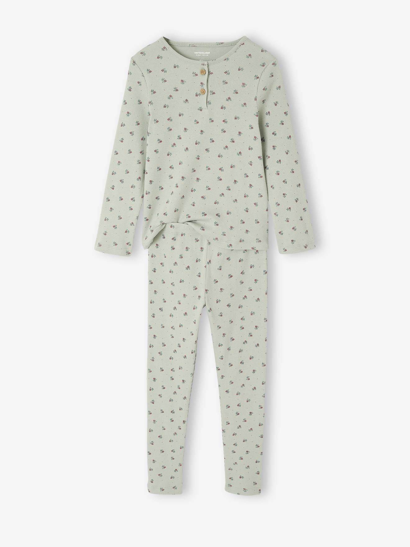 Pyjama aus Rippstrick mit tunesischem Kragen und Blumenmuster salbei Pyjama aus Rippstrick mit tunesischem Kragen und Blumenmuster salbei von Vertbaudet