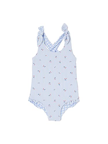 VERTBAUDET Reversible Badeanzug Vichy/Streifen und Blumen für Baby Mädchen, hellblau, 9 Monate von Vertbaudet