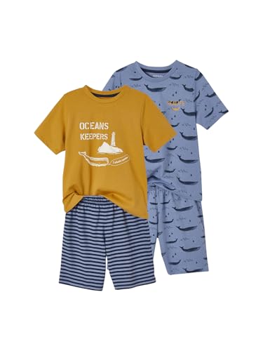 Vertbaudet 2er-Pack Kurze Jungen Schlafanzüge, Wale Basic blau+senfgelb/blau gestreift 86 von Vertbaudet