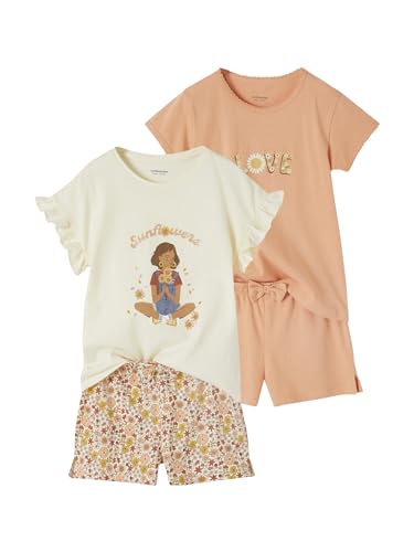 Vertbaudet 2er-Pack Kurze Mädchen Schlafanzüge aus Rippjersey wollweiß/Sunflowers+Aprikose/Love 128 von Vertbaudet
