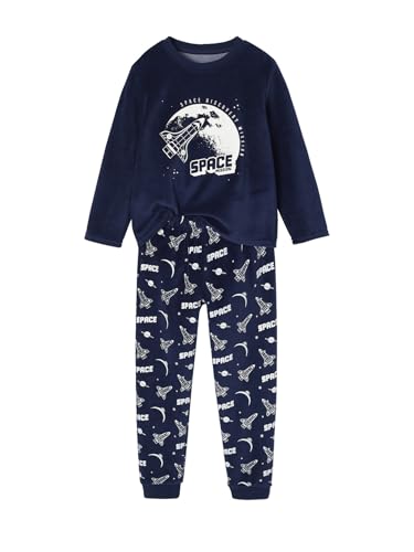 Vertbaudet Jungen Samt-Schlafanzug mit Rakete und Recycling-Polyester Marine 158/164 von Vertbaudet