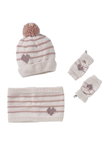 Vertbaudet Mädchen-Set: Mütze, Rundschal & Handschuhe Streifen/Herzen wollweiß/rosa 128/140 von Vertbaudet