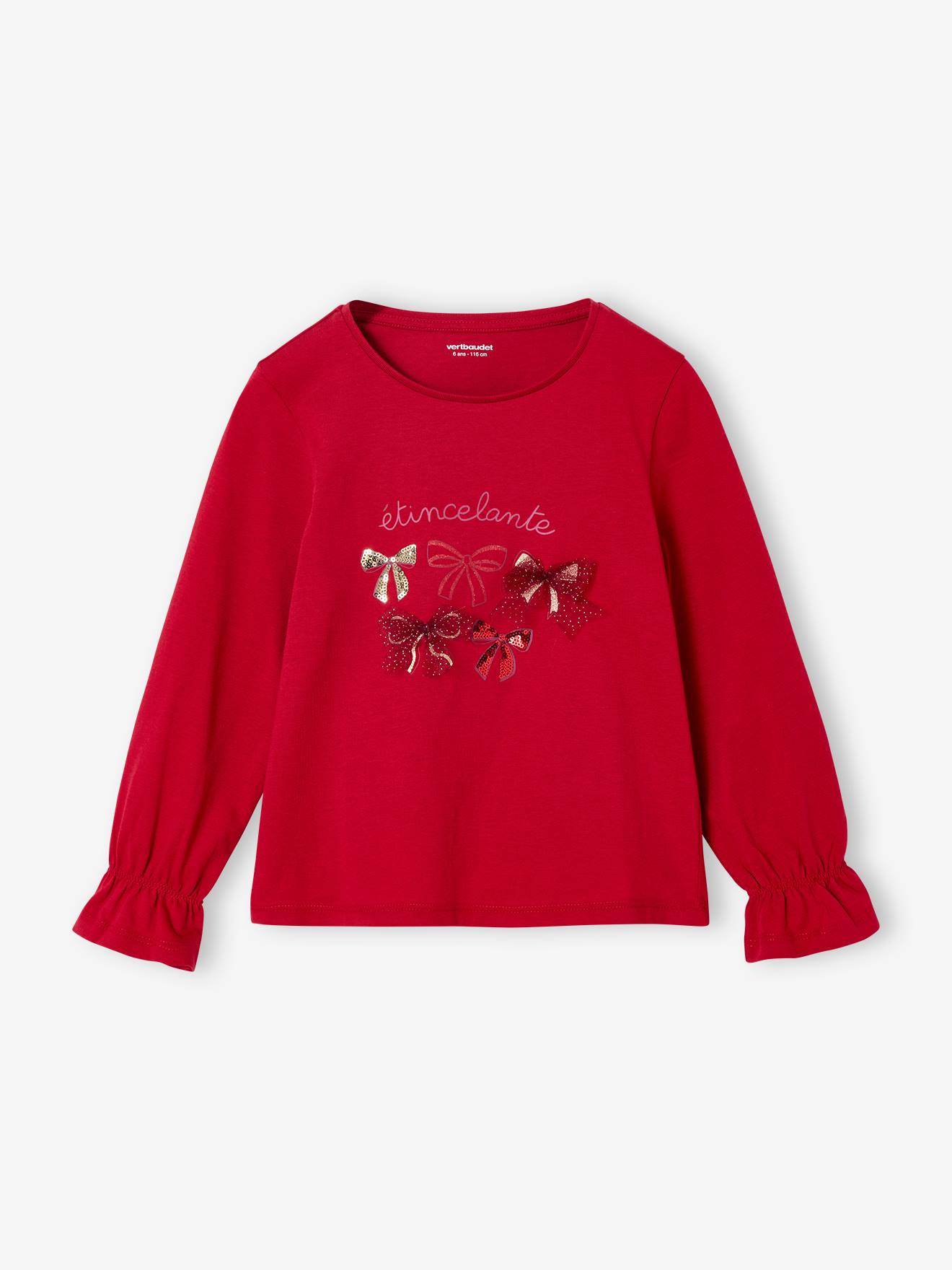 Weihnachts-Shirt Mädchen mit Schleife und Glitzerdetails von Vertbaudet