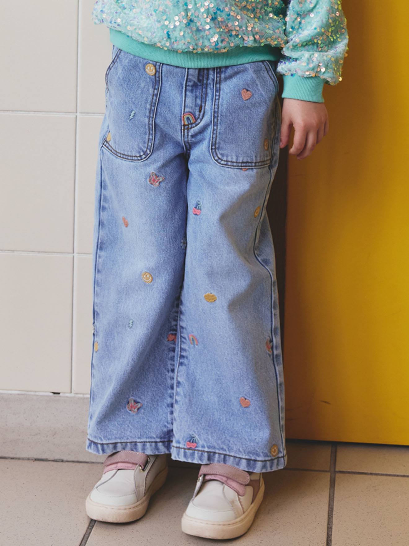 Weite Mädchen Jeans mit Stickereien helles von Vertbaudet