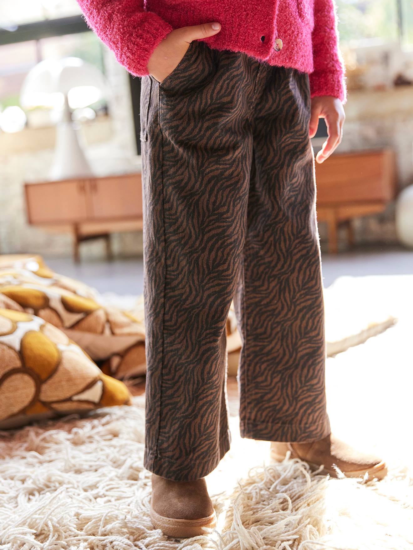 Weite Mädchen Paperbag-Hose mit Leopardenmuster schokolade von Vertbaudet