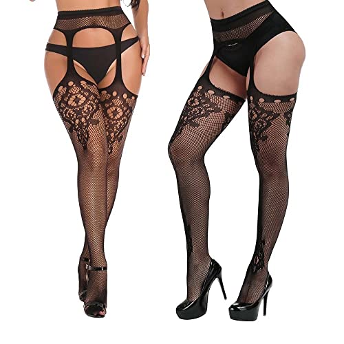 Verterosie 1 Paar Damen Sexy Strumpfband Gürtel Oberschenkelhohe Strümpfe Schwarz Blumen Spitze Muster Strumpfhose Fischnetz Strümpfe Hohe Taille Hosenträger, Stil Nr. 5 von Verterosie