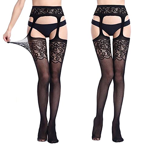 Verterosie 1 Paar Sexy Strumpfband Gürtel Oberschenkelhohe Strümpfe Damen Schwarz Blumen Spitze Muster Strumpfhose Fischnetz Strümpfe Hohe Taille Hosenträger, Stil Nr. 6 von Verterosie