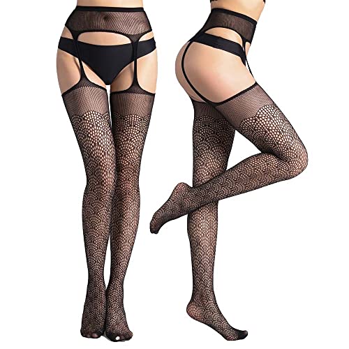 Verterosie 1 Paar Sexy Strumpfband Gürtel Oberschenkelhohe Strümpfe Damen Schwarz Blumen Spitze Muster Strumpfhose Fischnetz Strümpfe Hohe Taille Hosenträger, Stil Nr. 7 von Verterosie