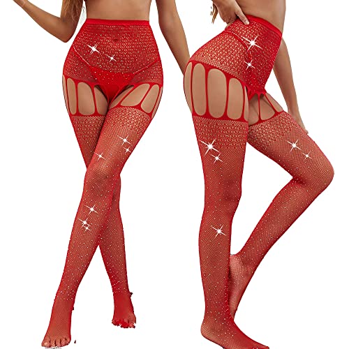 Verterosie Damen Funkelnde Strass Strumpfhose Strumpfband Gürtel Glitzer Strumpfhose für Sexy Frauen Fischnetz Hohe Taille, Rot 1, One size von Verterosie