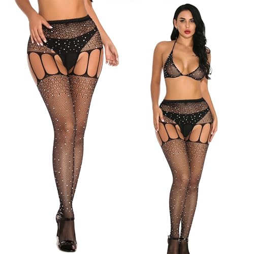 Verterosie Damen Funkelnde Strass Strumpfhose Strumpfband Gürtel Glitzer Strumpfhose für Sexy Frauen Fischnetz Hohe Taille von Verterosie