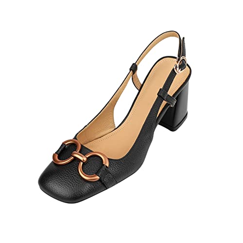 Damen Slingback Square Toe Chunky High Heels Sandalen Knöchelschnalle Kleid Sommer Pumps, Schwarz, 38.5 EU von Vertundy