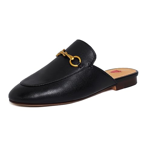 Vertundy Damen Pantoletten Niedriger Absatz Flats Leder Slip On Rückenfrei Sandalen für Mädchen Lady Work Slides, schwarz, 42.5 EU von Vertundy