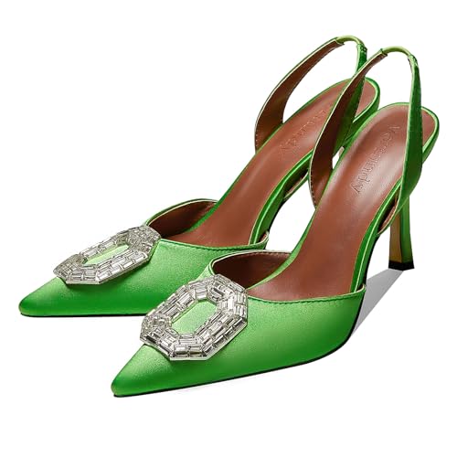 Vertundy Damen Strass Slingback Pumps spitz zulaufender Zehenbereich Satin Kristall Stiletto High Heels Sandalen Party Hochzeit Braut Pumps Kleid Schuhe, Grün , 37.5 EU von Vertundy