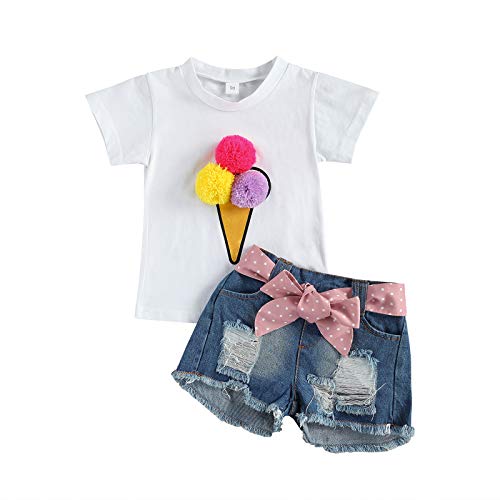 2Pcs Kleinkind Sommer Outfit Baby Mädchen Solid White T-Shirt Tops Denim Ripped Shorts Jeans Sommerkleidung 100 Weiß 2-3 Jahre von Verve Jelly